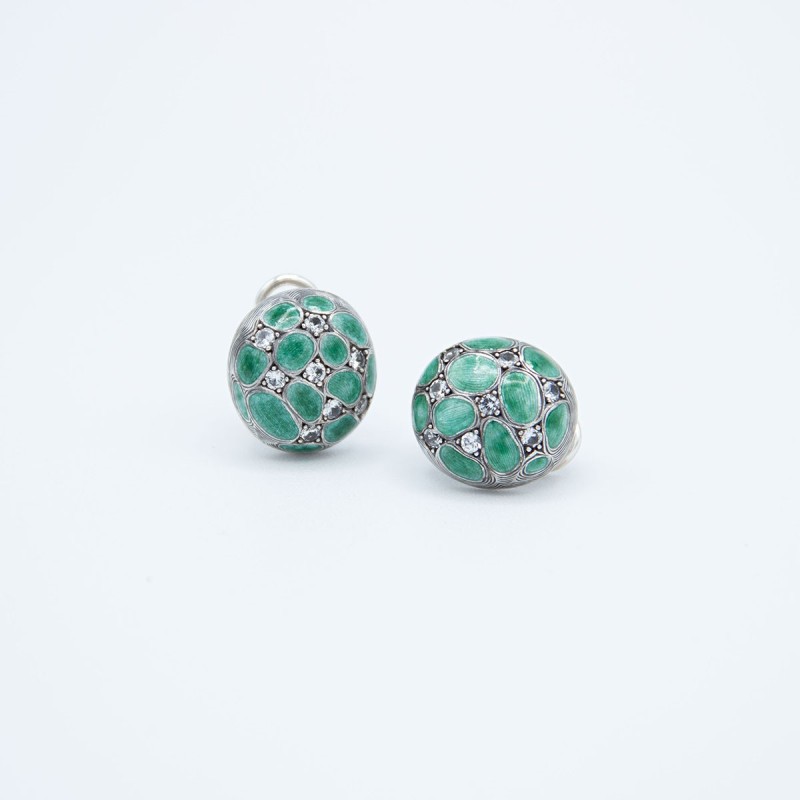 Emerald green enamel oval earrings with 16 white sapphires.