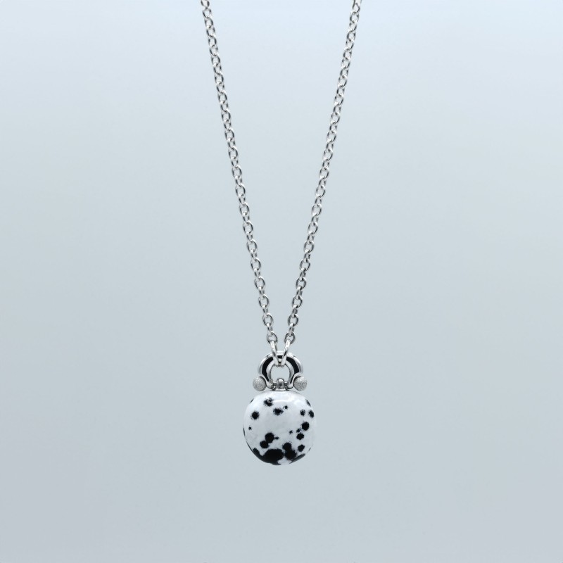 Handmade silver and copper hot enamel necklace with Dalmatian motif .